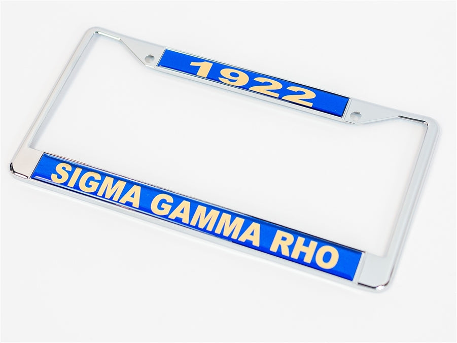 Sigma Gamma Rho Sorority, Incorporated vanity license plate cover. The design includes the Founding year 1922 (top) and Sigma Gamma Rho (bottom). The letters and numbers are gold w/ royal blue background. Metal Frame!